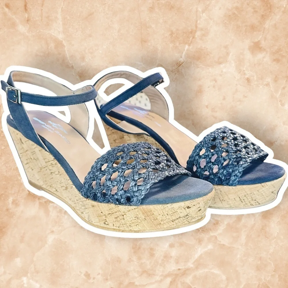 NWT Brenda Zaro Navy Blue Woven Leather ‘Nadia’ Cork Wedge Sandals Size 41